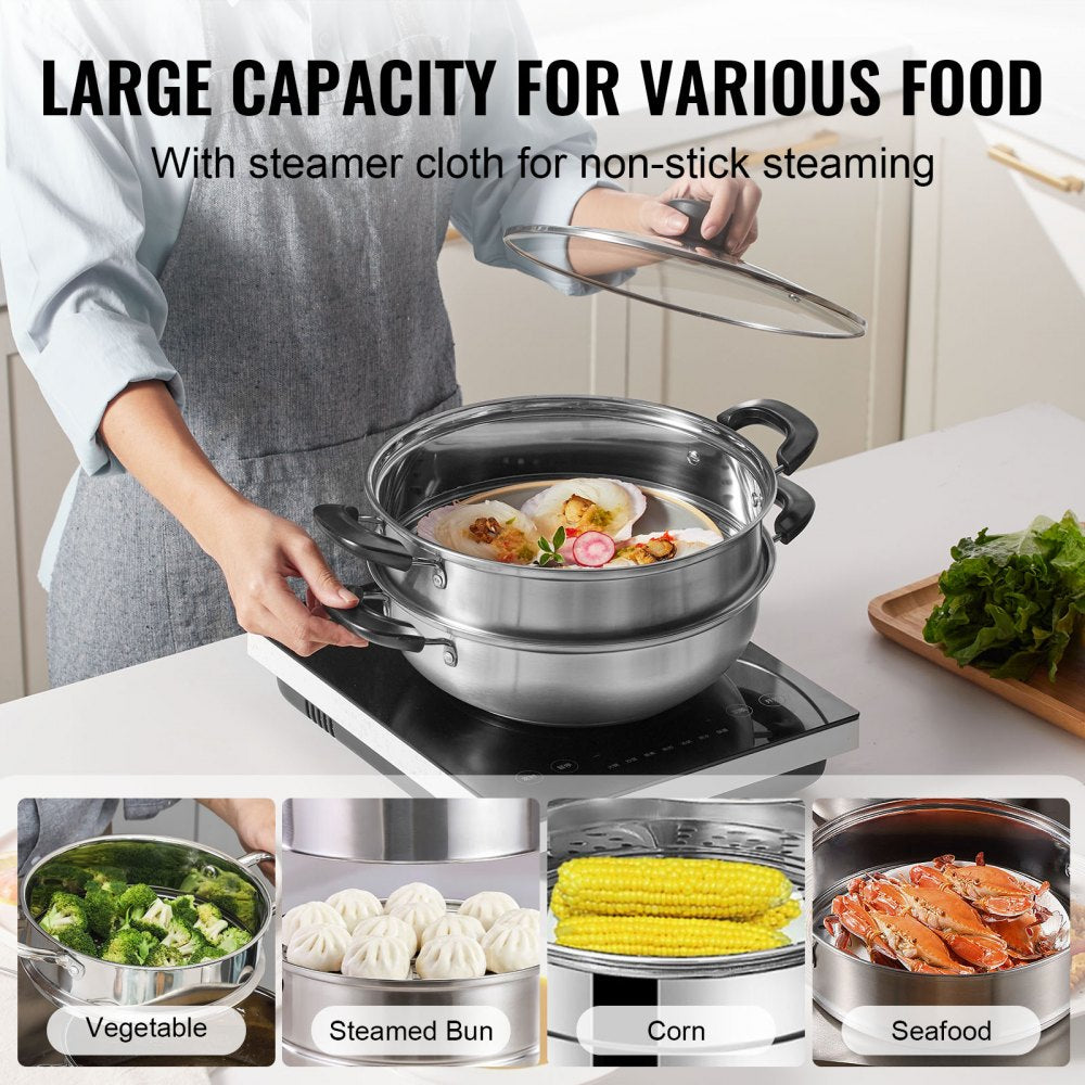 010975339452 - 11in VEVOR Stainless Steel Steamer Pot with Tempered Glass Lid