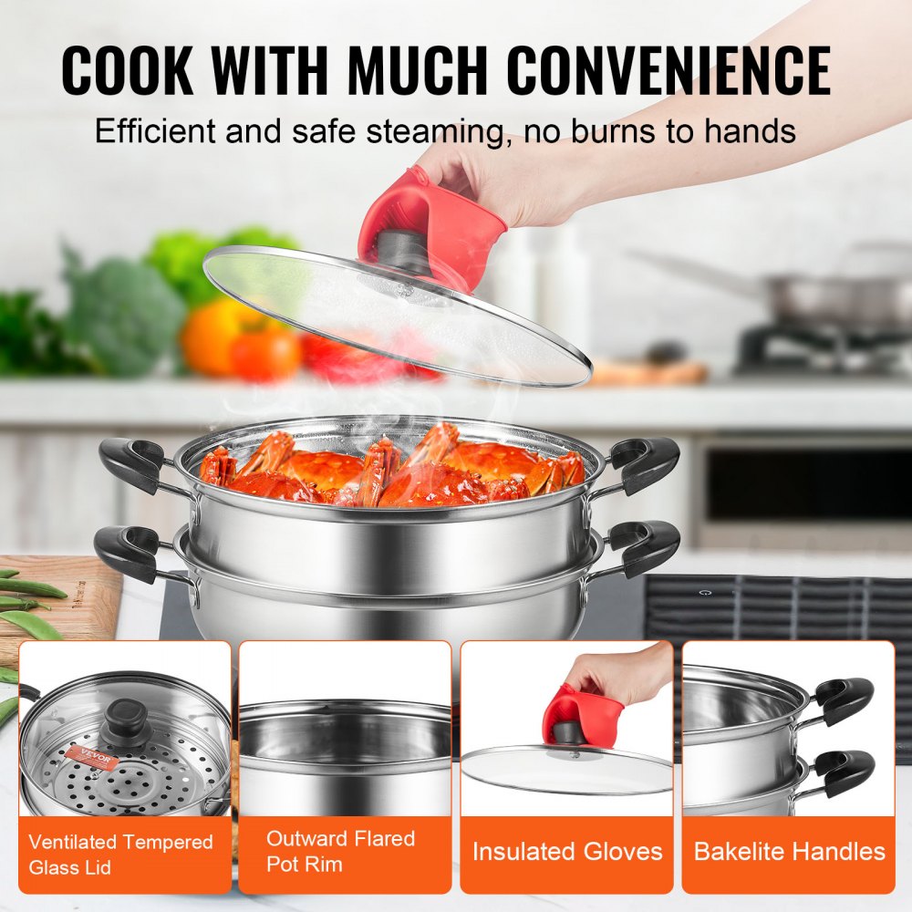 010975339452 - 11in VEVOR Stainless Steel Steamer Pot with Tempered Glass Lid