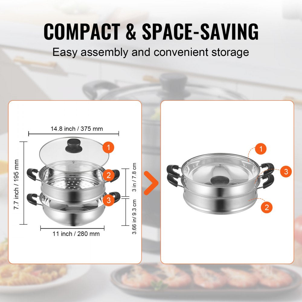 010975339452 - 11in VEVOR Stainless Steel Steamer Pot with Tempered Glass Lid