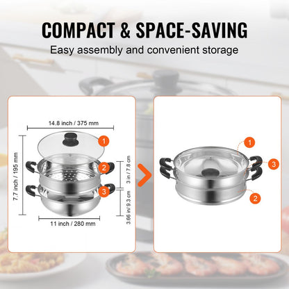 010975339452 - 11in VEVOR Stainless Steel Steamer Pot with Tempered Glass Lid