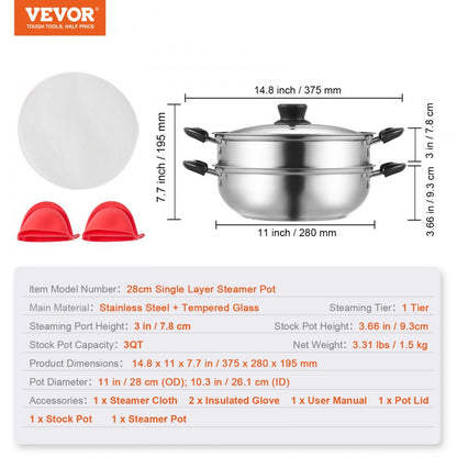 010975339452 - 11in VEVOR Stainless Steel Steamer Pot with Tempered Glass Lid