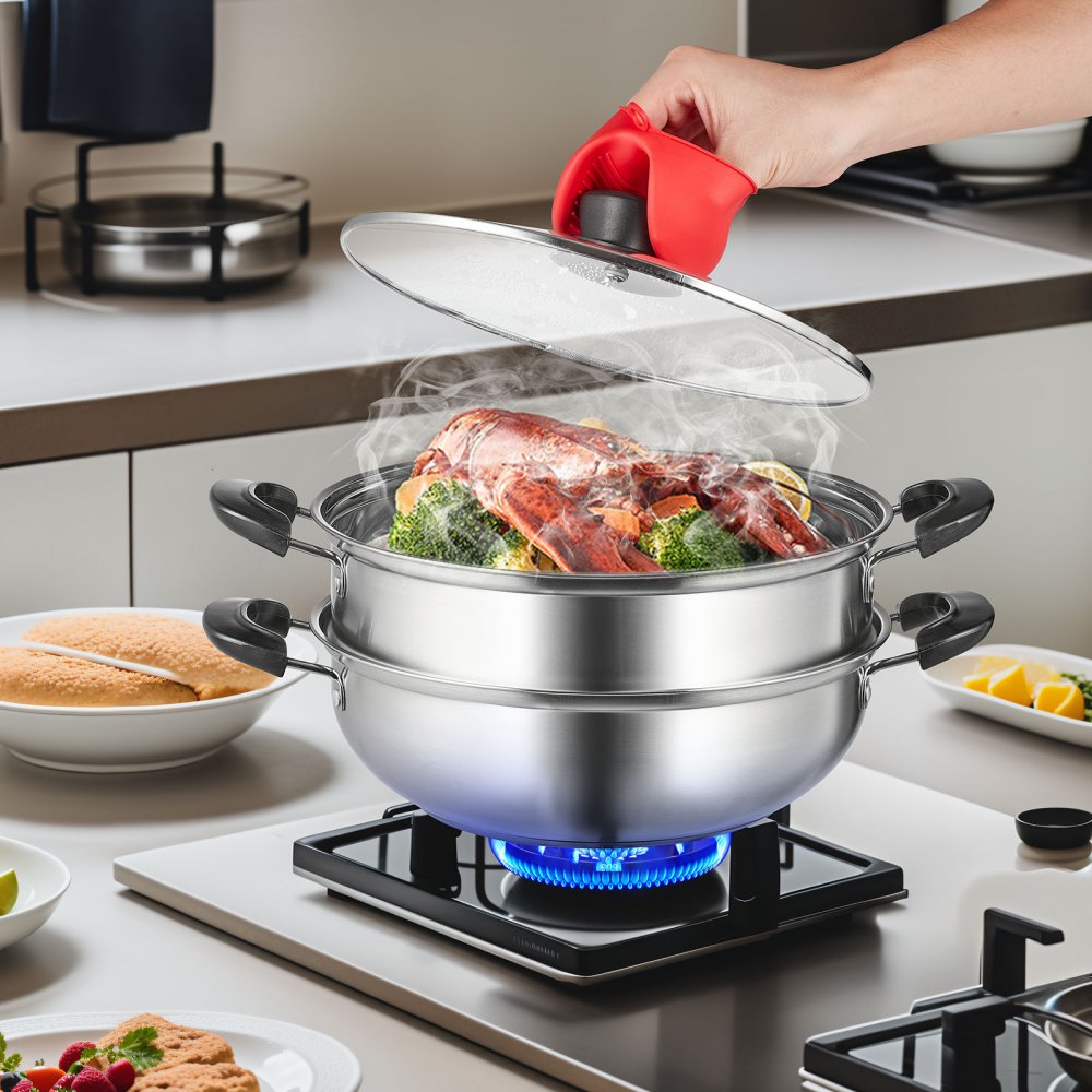 010975339452 - 11in VEVOR Stainless Steel Steamer Pot with Tempered Glass Lid