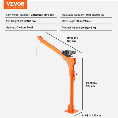 GZB80263-1100-12V - 1100 lbs VEVOR 360° Truck Crane Hoist with Adjustable Settings
