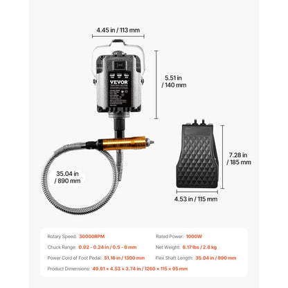 JHDMJMNA0 - 1000W Flex Shaft Grinder with 35-Inch Shaft & Pedal Control