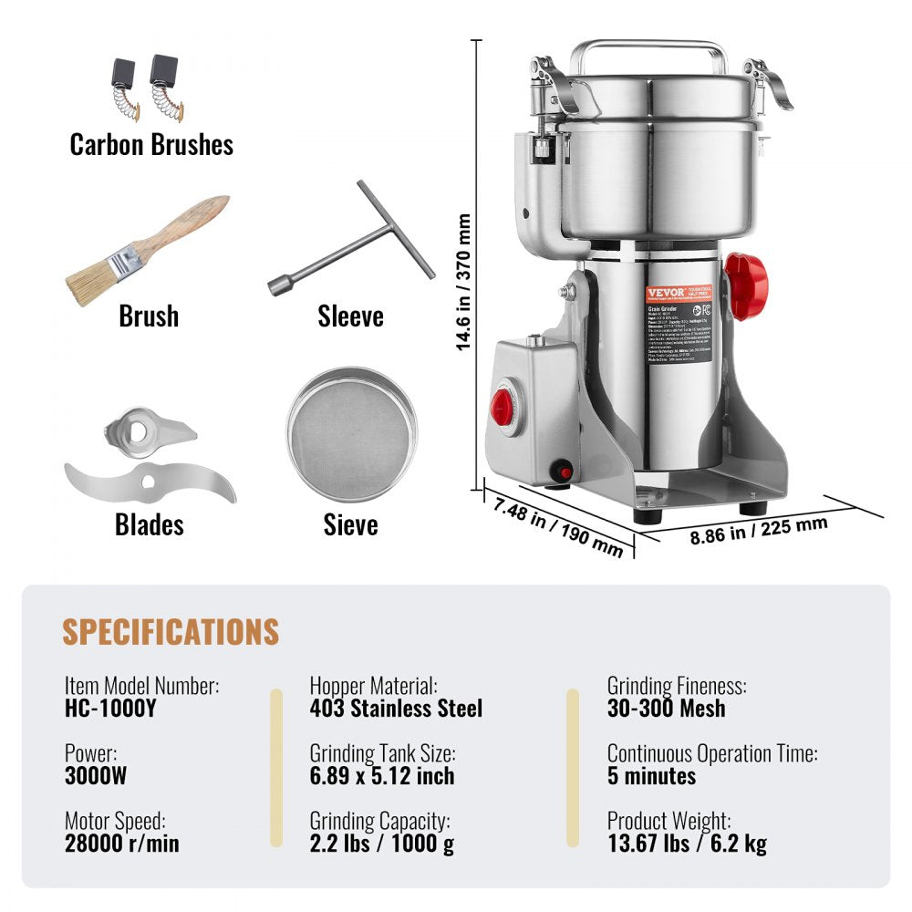 HC-1000Y - 1000g Stainless Steel Spice Grinder with 3000W Power