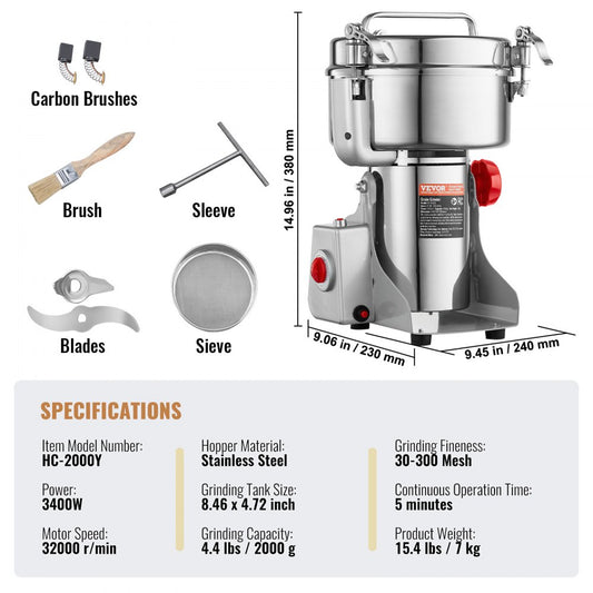 HC-2000Y - 2000g High-Speed Spice Grinder with Adjustable Timer and Swing Design