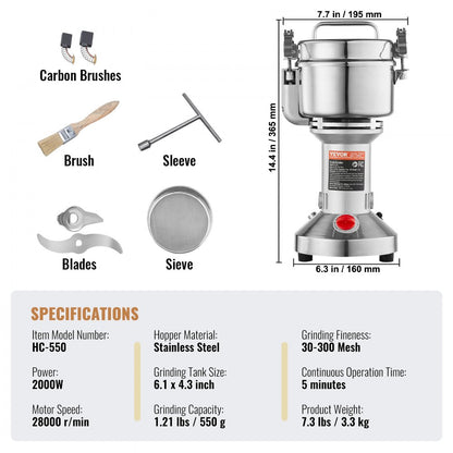 HC-550 - 550g Electric Grain Mill with Adjustable Timer & Durable Stainless Steel Blades