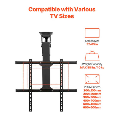 DT500-A - VEVOR Motorized Ceiling TV Mount for 32"-65" TVs, Adjustable Height