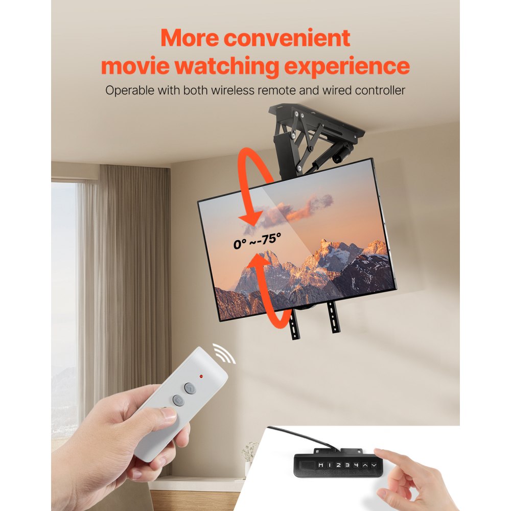 DT500-A - VEVOR Motorized Ceiling TV Mount for 32"-65" TVs, Adjustable Height