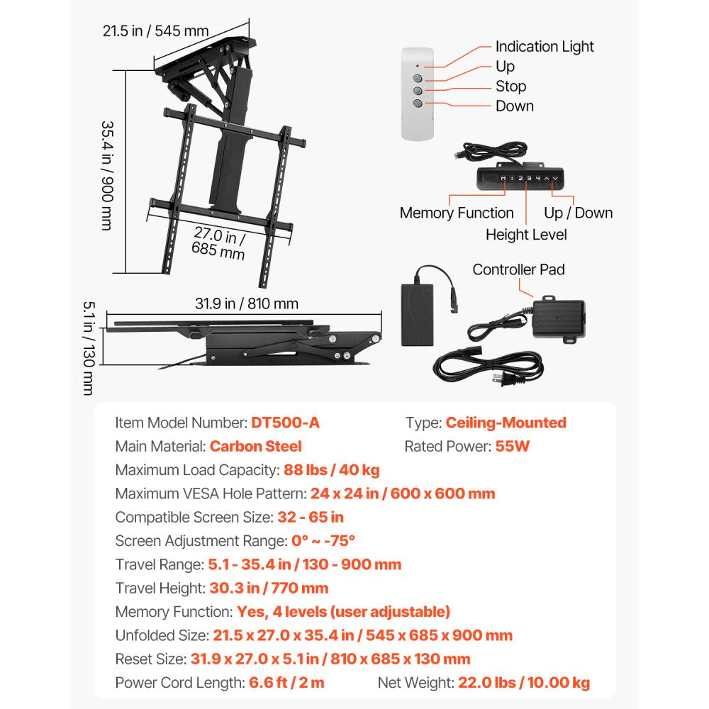 DT500-A - VEVOR Motorized Ceiling TV Mount for 32"-65" TVs, Adjustable Height
