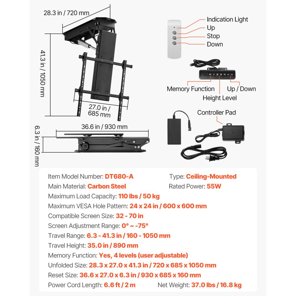 DT680-A - Motorized Ceiling TV Mount for 32"-70" TVs with Remote Control