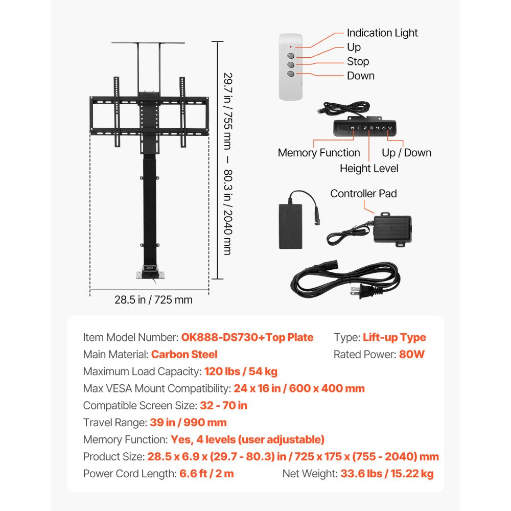 OK888-DS730+Top Plate - Remote Control Motorized TV Lift for 32-70" TVs