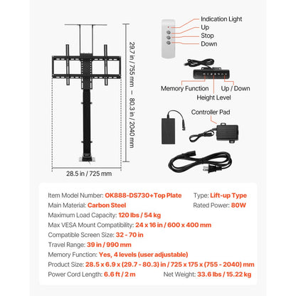 OK888-DS730+Top Plate - Remote Control Motorized TV Lift for 32-70" TVs