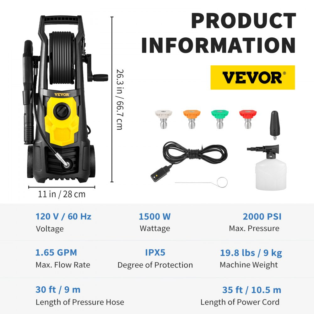 VV-GYQXJ-1.65D - 2000 PSI Portable Pressure Washer with 30 ft Hose & Nozzles