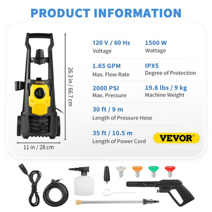 VV-GYQXJ-1.65D - 2000 PSI Electric Pressure Washer with 30 ft Hose & Wheels