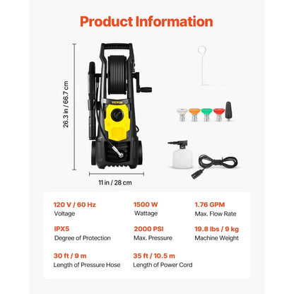 VV-GYQXJ-1.76D - 2000 PSI Compact Electric Pressure Washer with 5 Nozzles