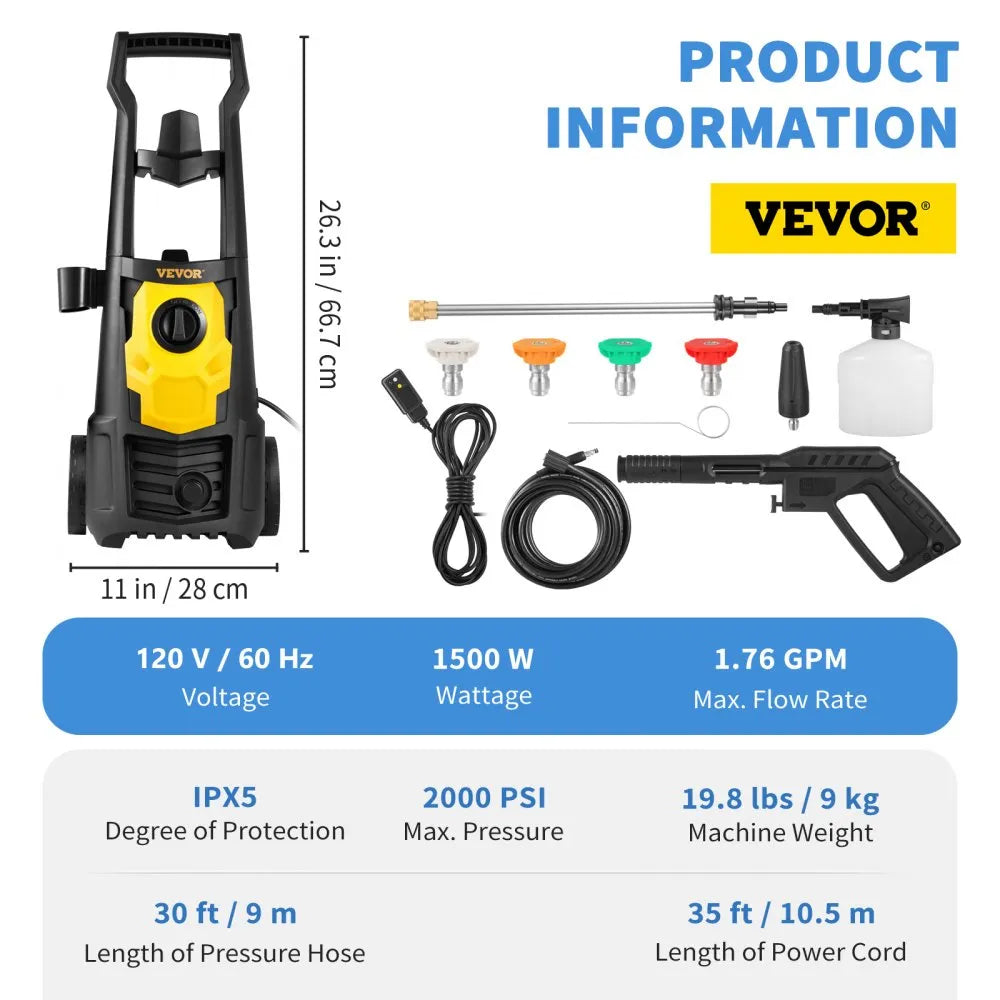 VV-GYQXJ-1.76 - 2000 PSI Electric Pressure Washer with 30ft Hose