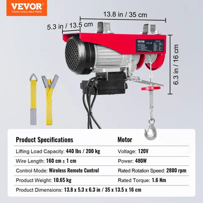 010949853134 - 440 lbs VEVOR Wireless Electric Hoist with Remote Control