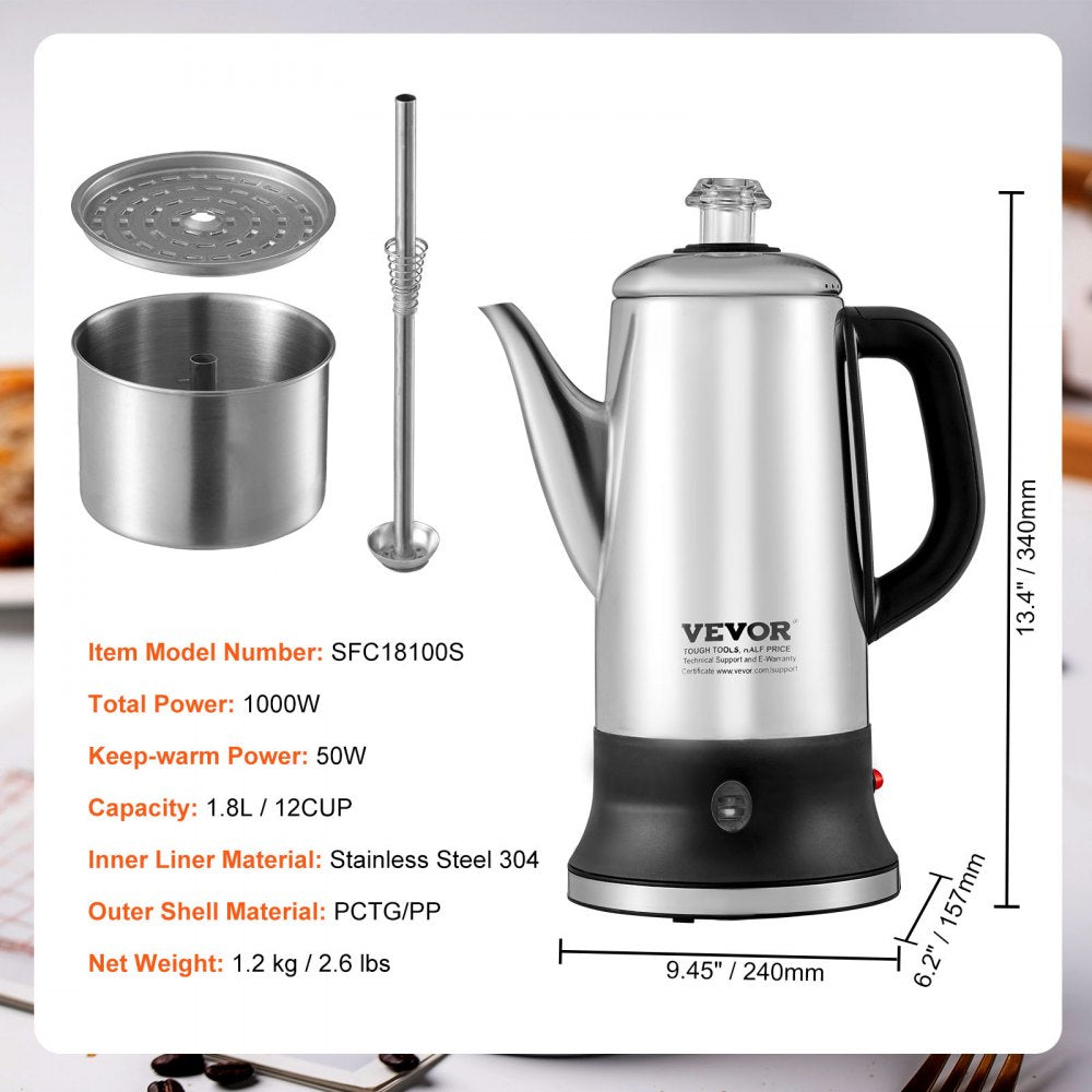 SFC18100S - 1.8L Stainless Steel Electric Percolator for 12 Cups