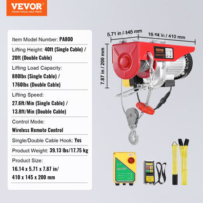 PA800 - VEVOR 1760 lbs Electric Hoist with 328 ft Remote Control