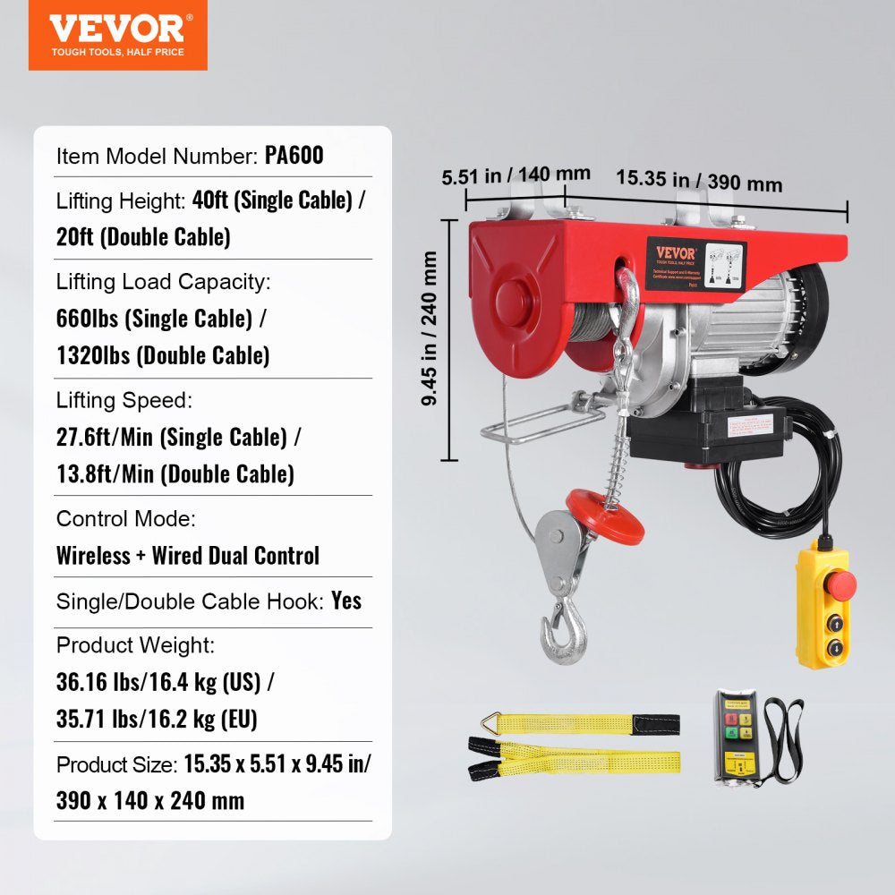 PA600 - VEVOR Electric Hoist 1320 lbs, 328 ft Wireless Control