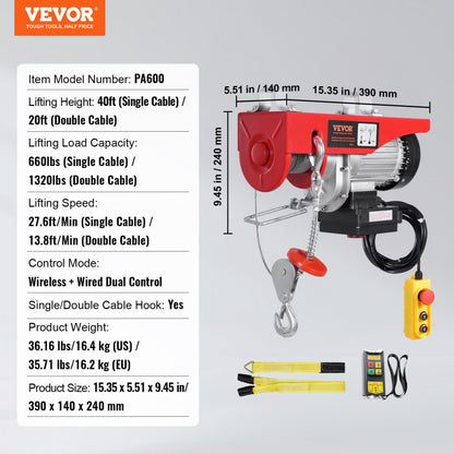 PA600 - VEVOR Electric Hoist 1320 lbs, 328 ft Wireless Control