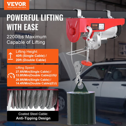 PA1000 - Durable Electric Hoist with 2200 lbs Capacity, 328 ft Wireless Range