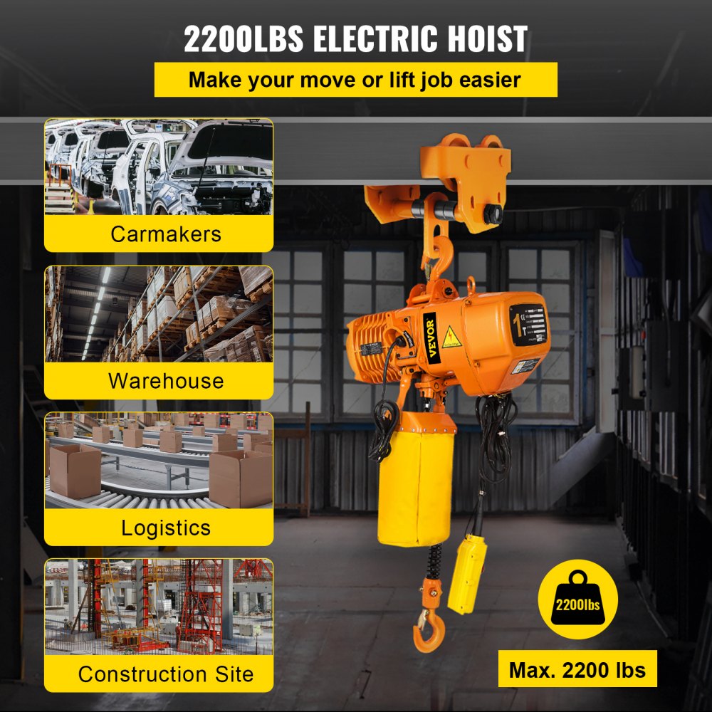 HHBD01-02 - 2200LBS VEVOR Electric Hoist with Remote Control and Dual Braking