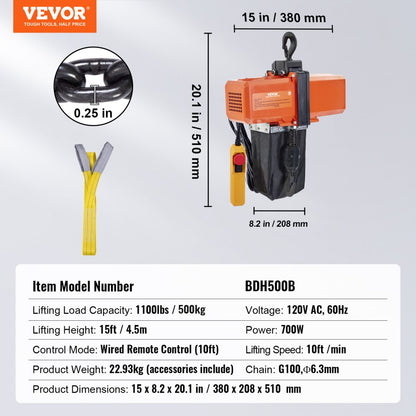 BDH500B - Heavy-Duty 15 FT Electric Chain Hoist, 1100 lbs Capacity