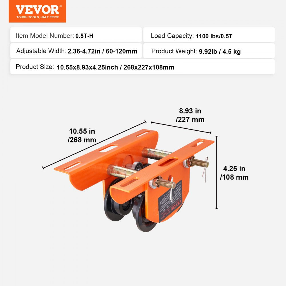 0.5T-H - VEVOR Heavy-Duty Electric Hoist Trolley for Efficient Lifting