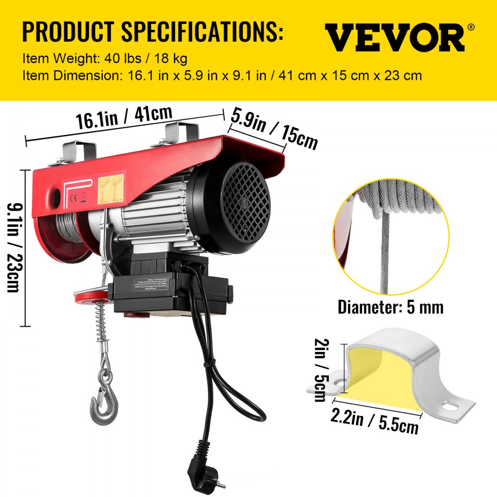 DHL1800LBS - Heavy-Duty Electric Hoist with 1800 lbs Capacity & Remote Control