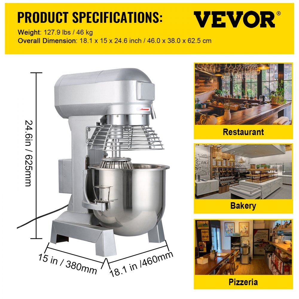 010241801828 - 10Qt VEVOR Food Mixer with 450W Motor & 3 Speeds