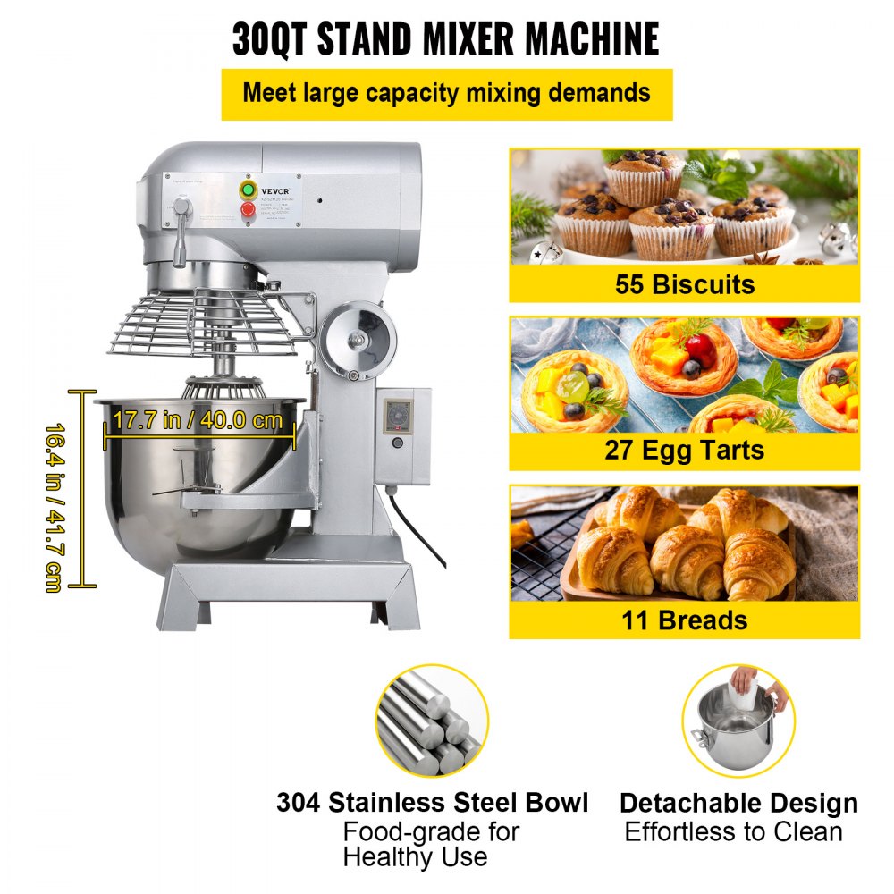 010839844478 - 30Qt Stainless Steel Food Mixer with 3 Speeds and Safety Design
