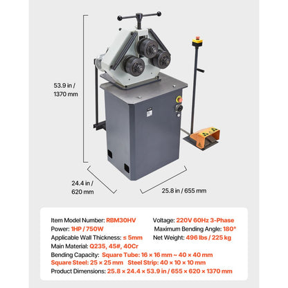RBM30HV - 750W Electric 3-Roller Pipe Bender with 180° Bending Angle
