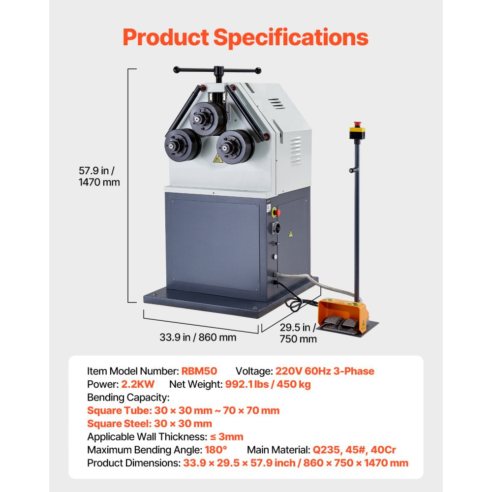 RBM50 - 3-Roller Electric Pipe Bender, 3mm Thickness, 2200W Motor