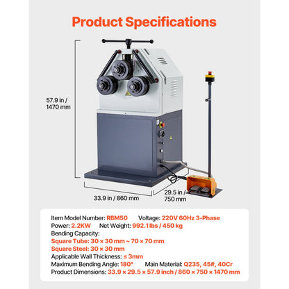 RBM50 - 3-Roller Electric Pipe Bender, 3mm Thickness, 2200W Motor
