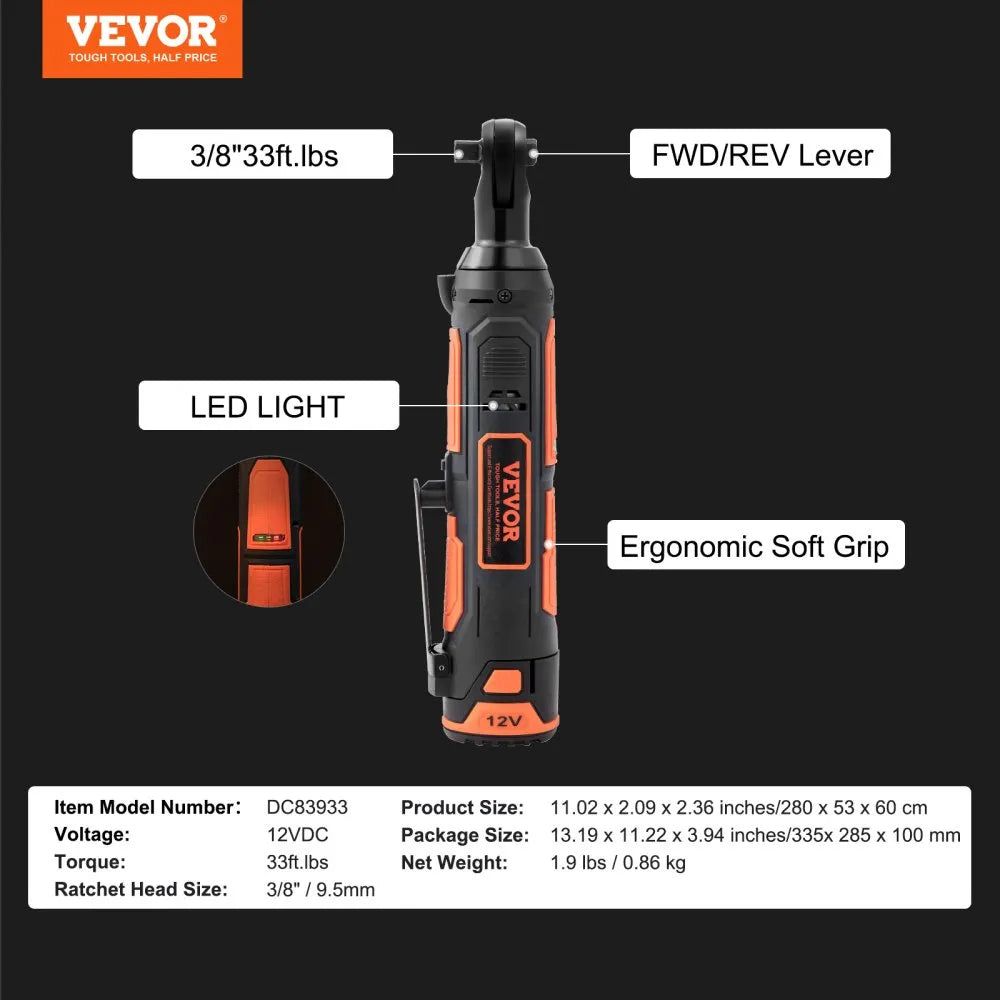 DC83933 - 12V Cordless Electric Ratchet Wrench with Fast Charge & LED Light