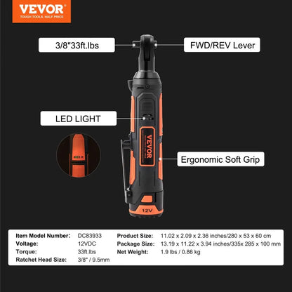 DC83933 - 12V Cordless Electric Ratchet Wrench with Fast Charge & LED Light