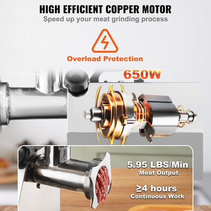 SZ-12A - Heavy-Duty 650W Stainless Steel Meat Grinder, 5.95 lbs/min