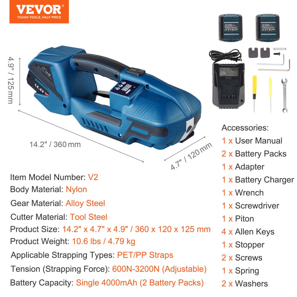 V2 - Efficient Electric Strapping Tool with Dual Batteries for PP/PET