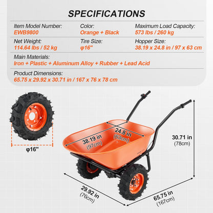 EWB9800 - 500W Electric Garden Cart with 16-Inch Wheels & Spacious Tray