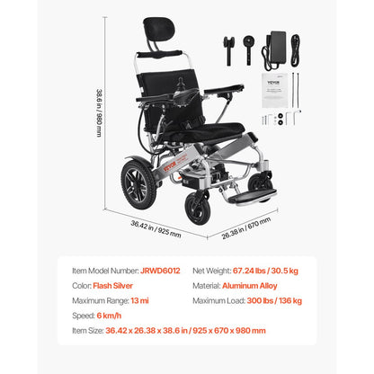 JRWD6012 - Adjustable Folding Electric Wheelchair for 300lbs, 13 Miles Range