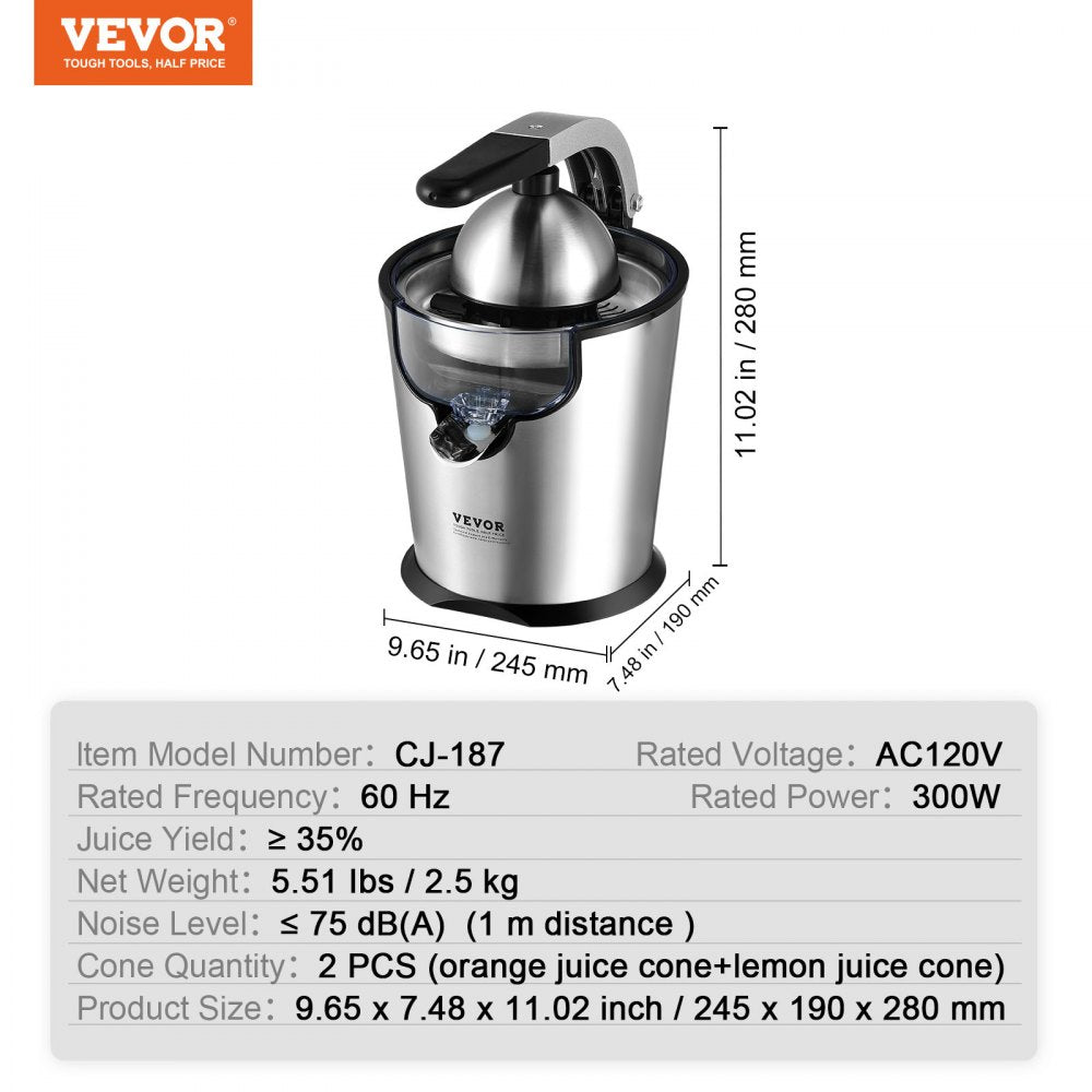 CJ-187 - 300W VEVOR Citrus Juicer with Dual Size Cones
