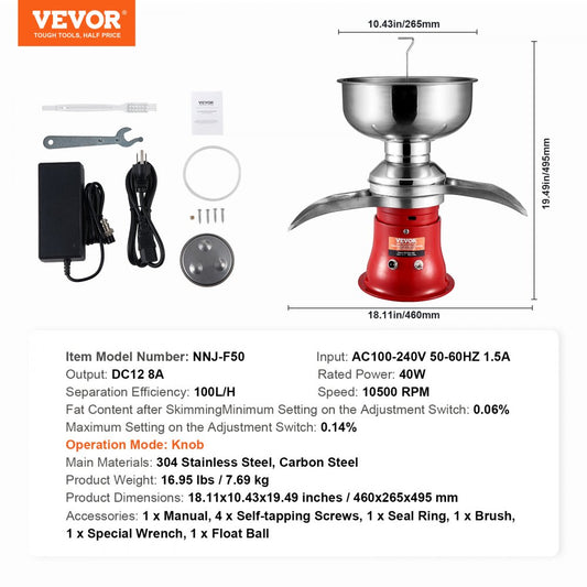 NNJ-Y50 - High-Speed 304 Stainless Steel Milk Cream Separator, 100L/hour