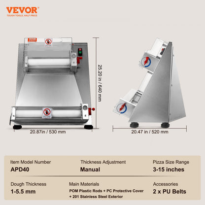 APD40 - Stainless Steel Pizza Dough Roller with Adjustable Thickness Control
