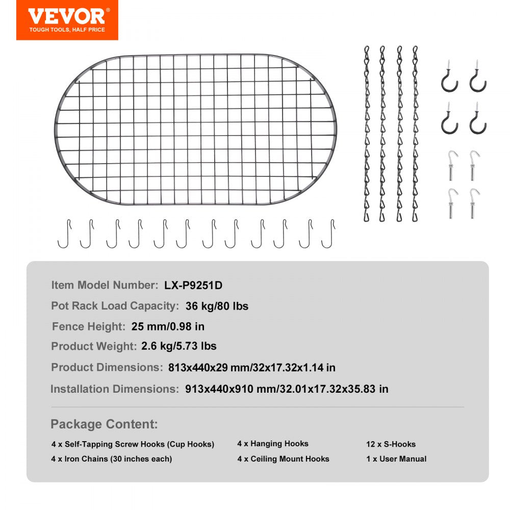 LX-P9251D - 32" Carbon Steel Hanging Pot Rack with Easy Installation
