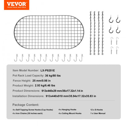 LX-P9251E - 36" Carbon Steel Hanging Pot Rack with 20 S-Hooks