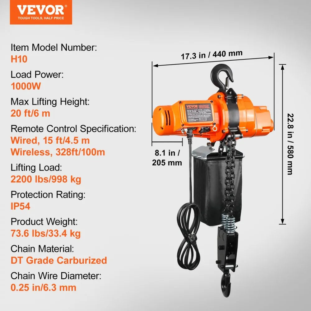 H10 - 2200 lbs VEVOR Electric Chain Hoist, 20 ft Lifting Power