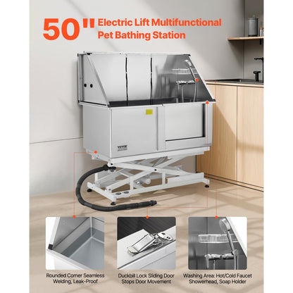 K1E01028 - 50" Stainless Steel Dog Grooming Tub with Electric Lift and Filter