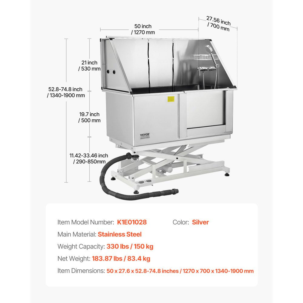 K1E01028 - 50" Stainless Steel Dog Grooming Tub with Electric Lift and Filter